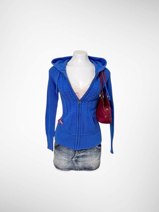Aeropostale Jackets & Blazers - Early 2000s Aeropostale Cobalt Blue Cable Knit Zip Up Hoodie | Y2K Preppy Sweate